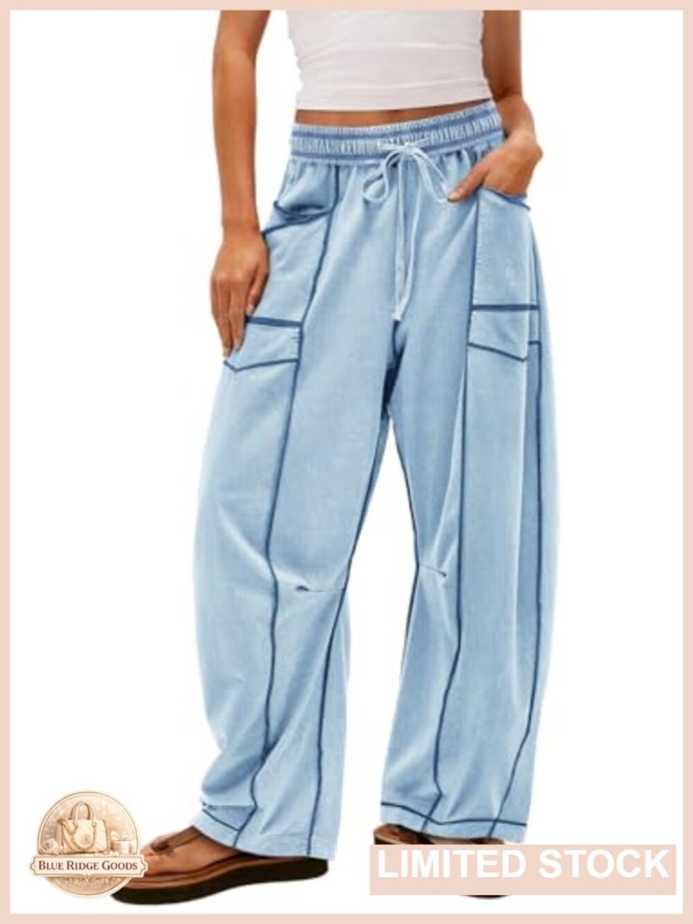Baggy Wide Leg Palazzo Pants Frill Trim Elastic Waist Pockets